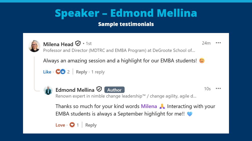 Sample testimonial from Milena Head (DeGroote School of Business) about keynote speaker Edmond Mellina, ORCHANGO President & Co-founder