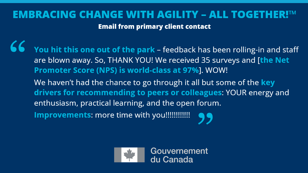 Sample testimonial from primary client contact | EMBRACING CHANGE WITH AGILITY – ALL TOGETHER! program by ORCHANGO