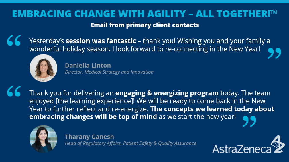 Sample testimonial from primary client contacts | EMBRACING CHANGE WITH AGILITY – ALL TOGETHER! program by ORCHANGO