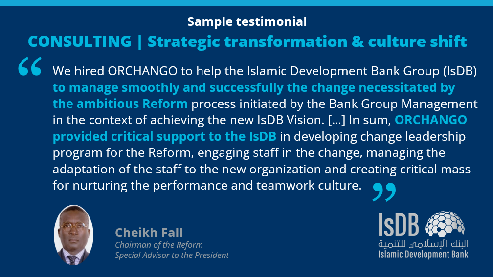 Sample testimonials about ORCHANGO’s consulting / advisory services
