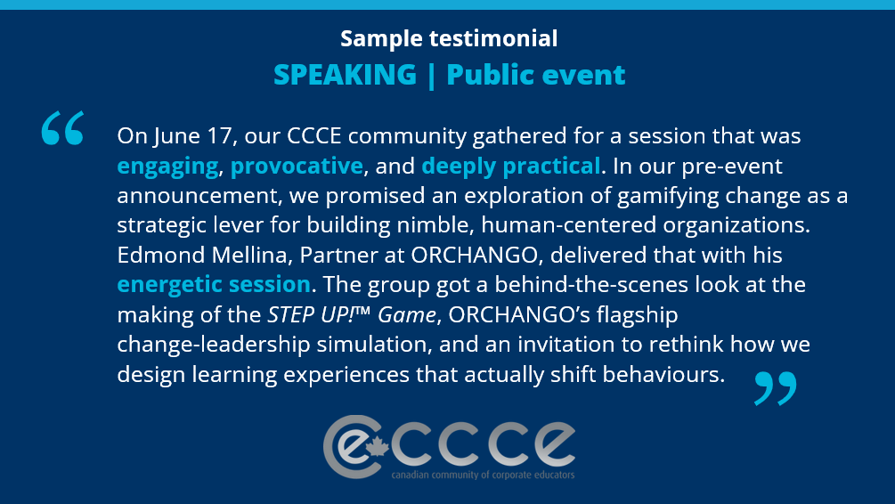 Sample testimonials about ORCHANGO’s speaking services